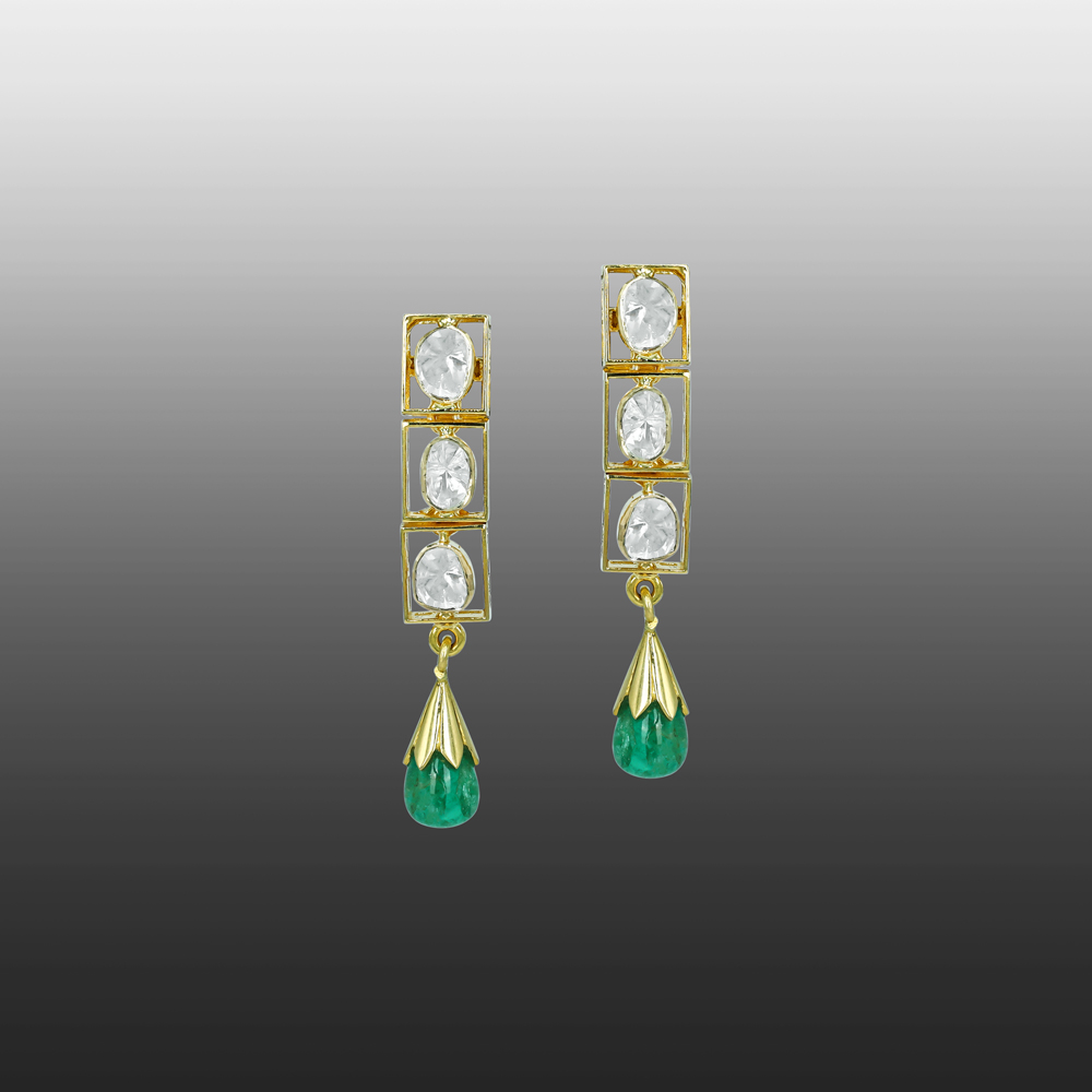 Linear Polki Diamond Earrings with Gold Frame and Emerald Drops